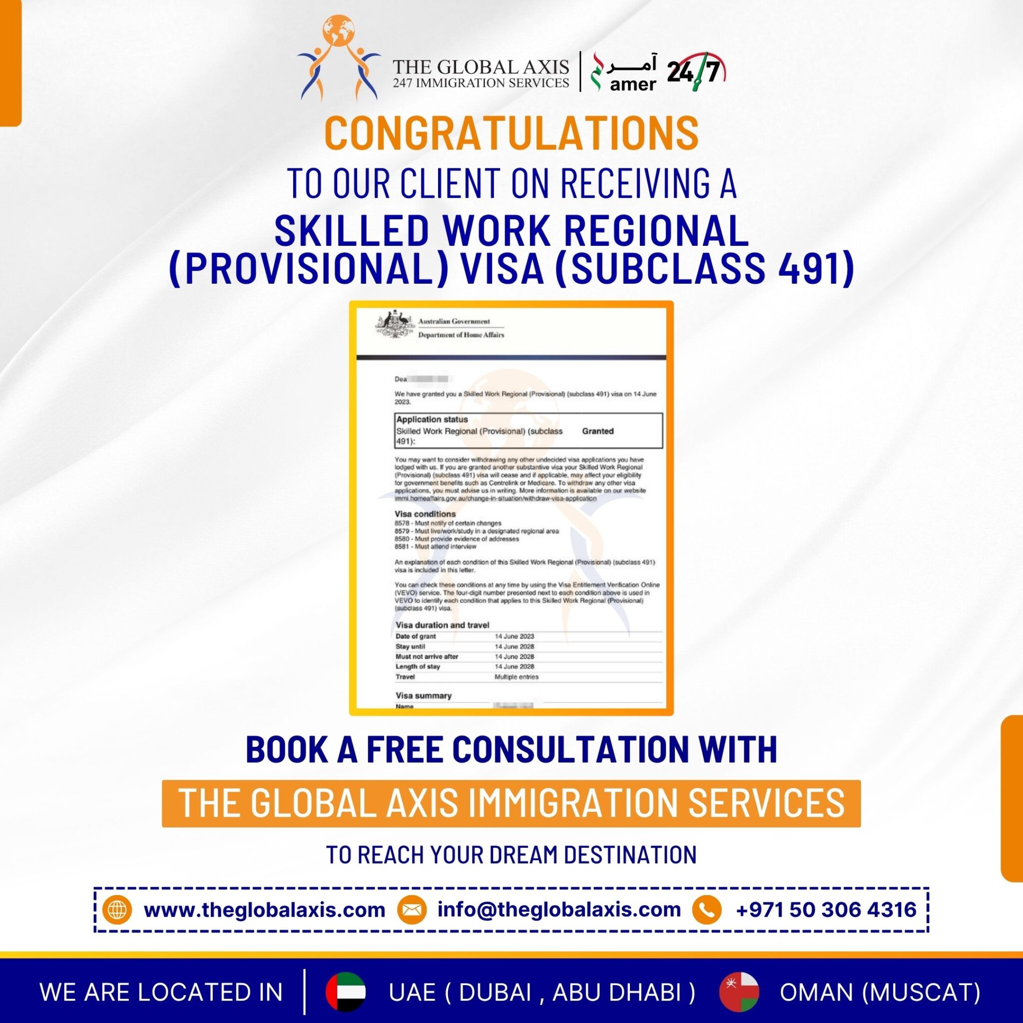 Home 65 Client success story – Australia Skilled Work Regional Visa (Subclass 491) approved by The Global Axis Immigration Consultants Dubai