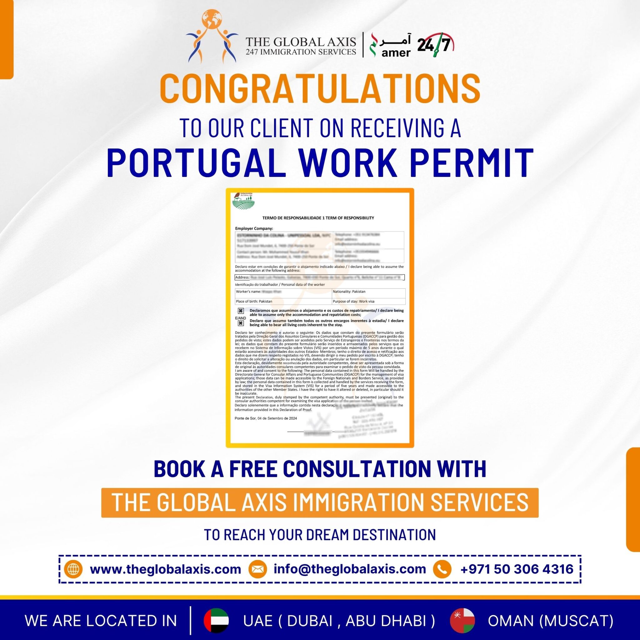 Home 74 Client success story – Portugal Work Permit approved by The Global Axis Immigration Services Dubai