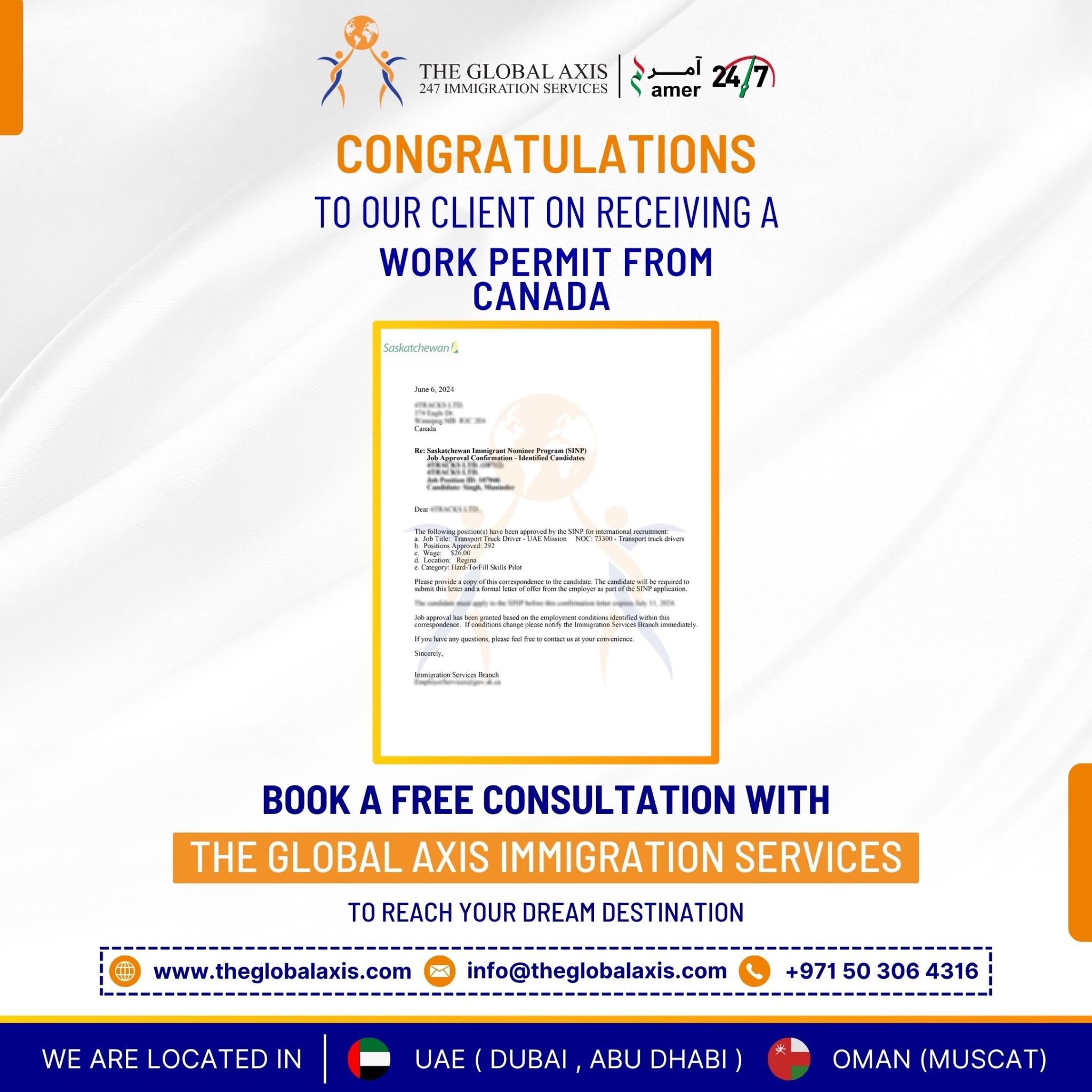 Home 60 Client success story – Canada work permit approved under Saskatchewan Immigrant Nominee Program (SINP) by The Global Axis Immigration Consultants Dubai