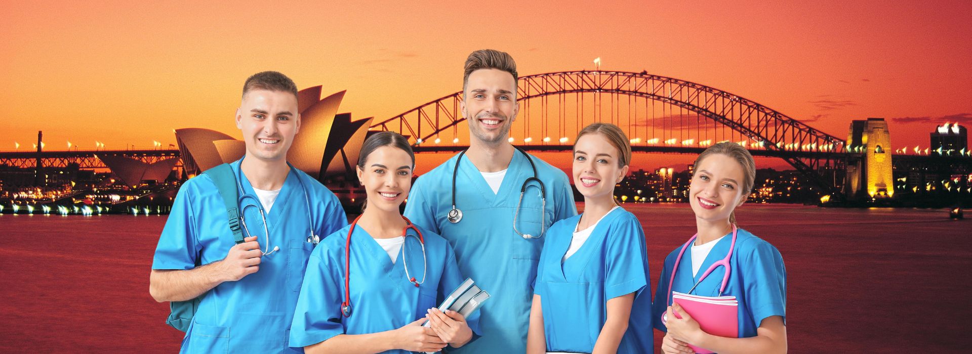Medical professionals with Sydney skyline backdrop