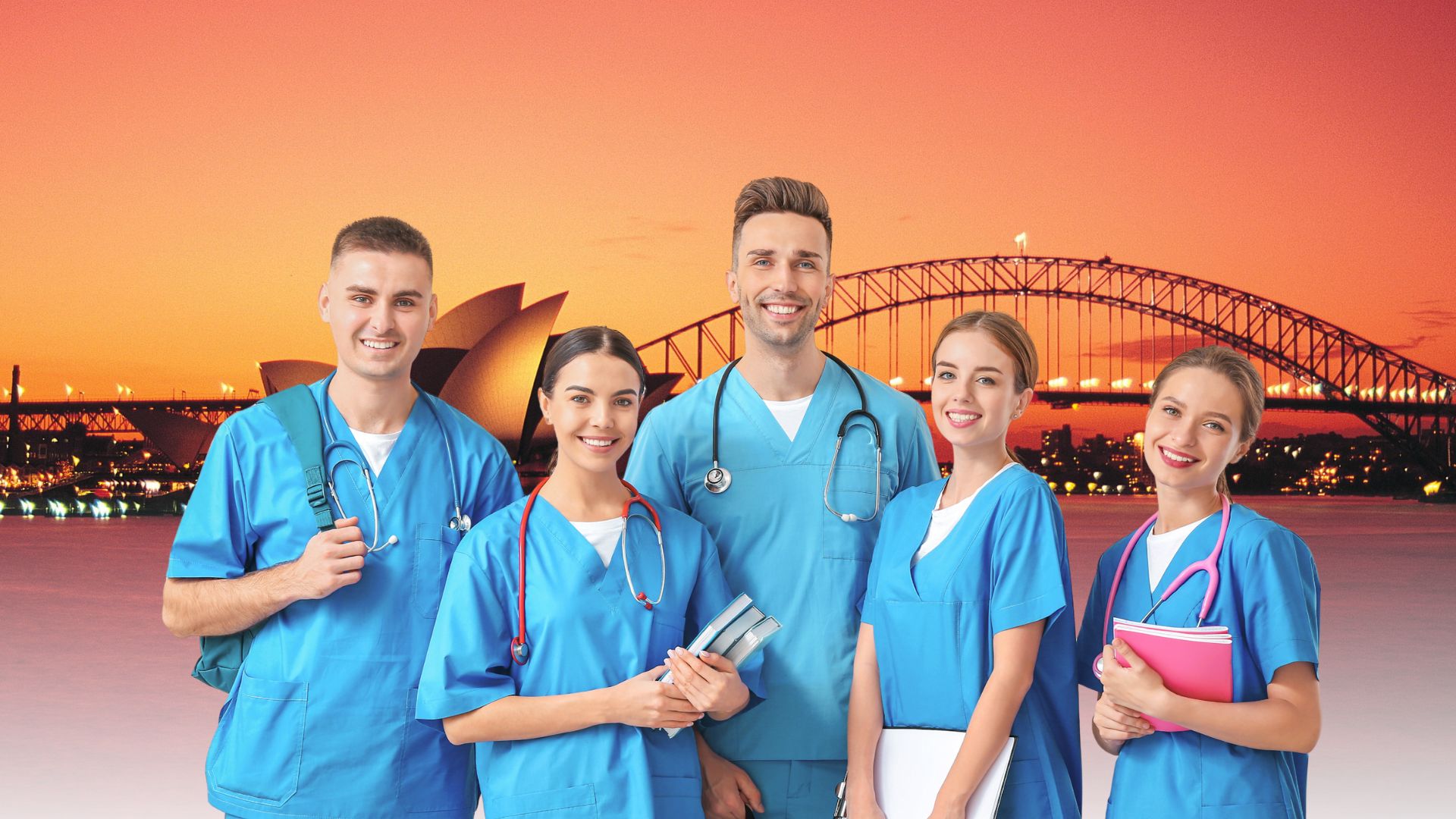 Group of healthcare professionals at sunset