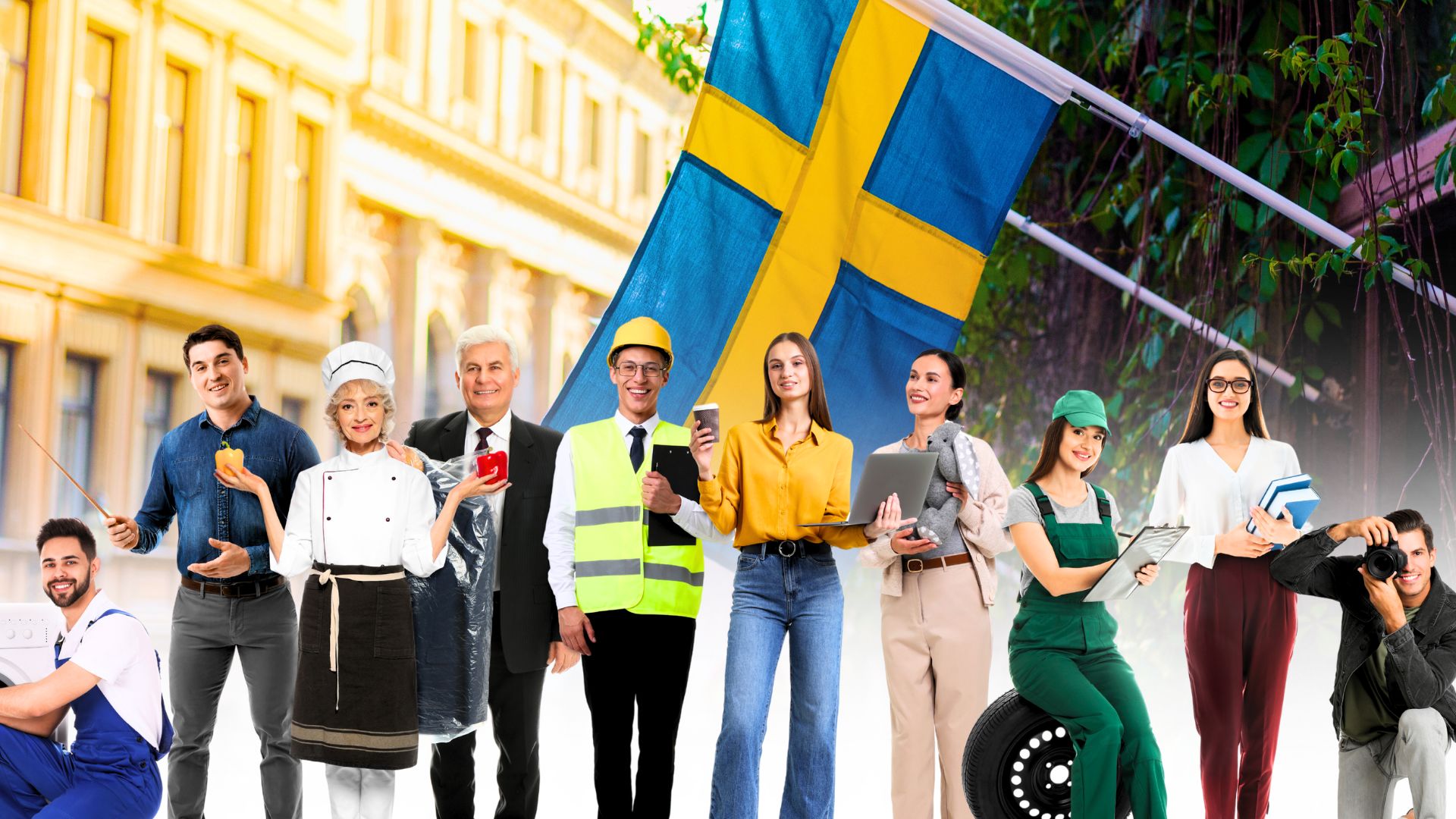 Diverse professionals with Swedish flag backdrop