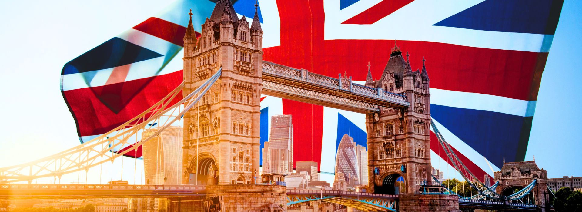 Tower Bridge with British flag backdrop